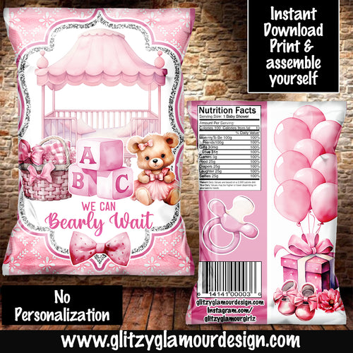 We Can Bearly Wait Teddy Bear chip bag (Girl) (Instant Download) NO PERSONALIZATION