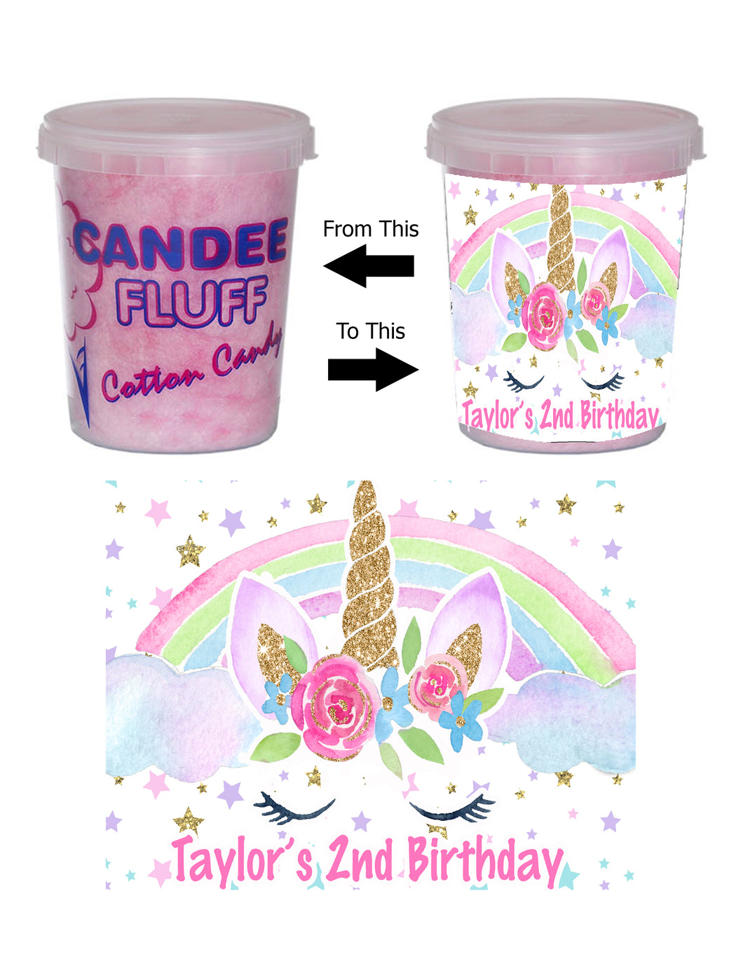 Unicorn Face Cotton Candy Label for 2 oz tub